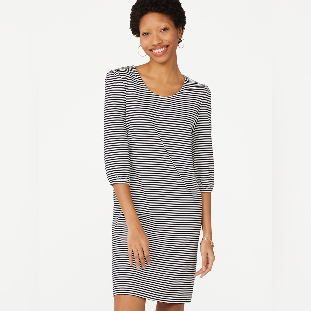 C. Wonder Black White Striped Ruched Sheath Dress 3/4 Sleeve M EUC